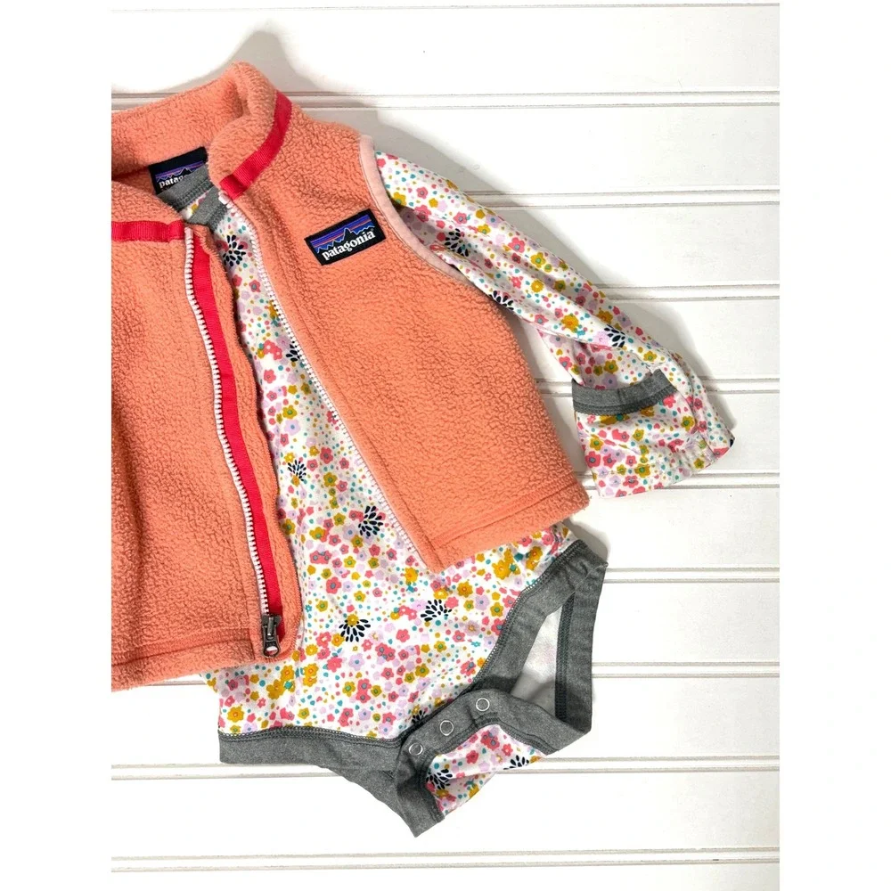 Patagonia Baby Girls Synchilla Fleece Vest and Floral Capilene Bodysuit Set 3-6M